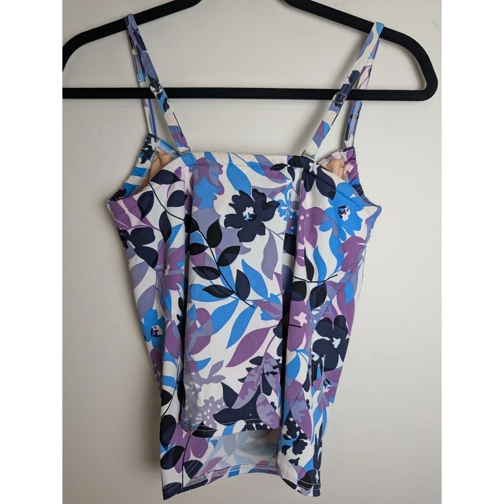 Lands End Tankini Women 6 Blue Purple Floral Drawstring Bow Bra Swim Top Resort